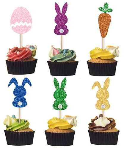 PCJUNLINH Easter Birthday Cake Toppers Set - 6/12/24PCS Glitter Bunny Egg Carrot Cake Decorations with Bamboo Sticks, Spring Party Supplies for Kids Women Men (Pink Blue Green Rainbow) (12)