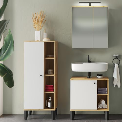 Lomadox Badmöbel-Set 3-teilig mit Waschbeckenunterschrank 60 cm, LED-Spiegelschrank, in Eiche mit weiß