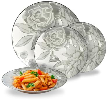 Avilia – Set Piatti Moderni 18 Pezzi in Porcellana con Decoro Floreale Bouquet Grigio, Servizio Elegante per 6 Persone