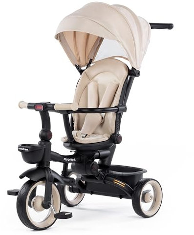 moovkee. Kinder Dreirad mit Schubstange ab 1 Jahr mit 360-Grad-Sitz – Beige Multifunktional Laufrad mit 4 konfigurierbaren Optionen - Sicherheit für Ihr Kind Dank 3-Punkt-Gurt und Schutzbügel