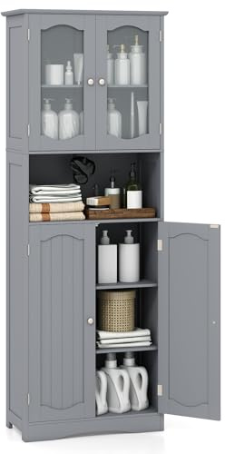 COSTWAY Badezimmerschrank, freistehender Hochschrank mit 4 Türen & offenem Fach & Verstellbarem Einlegeboden, Badschrank mit Kippschutz für Wohnzimmer, Badezimmer, Küche (Grau)