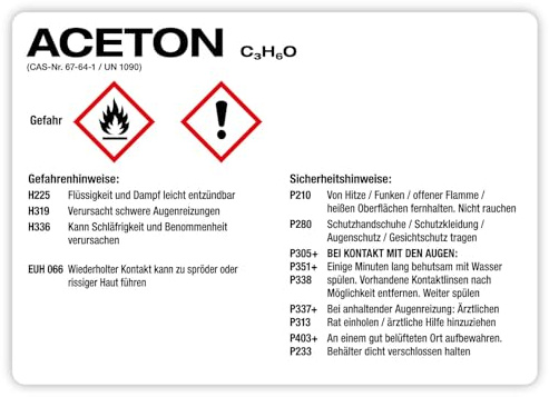 Aufkleber Kombi + Warnhinweise „ACETON“ Brandschutz Sticker Kennzeichnung Gefahrensymbole gemäß CLP/GHS-Verordnung | Größe wählbar Made in Germany, Größe: 14,8 x 10,5 cm