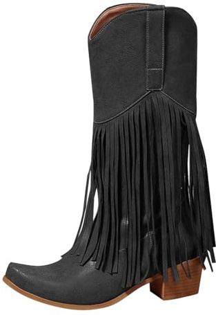 Stivali Texani Donna Invernali,Stivali Invernali da Donna Neri Casual Western Scarpe di Media Altezza Cowboy Stivaletto con Plateau Lunghi Texani Stivaletti con Ghetta Risvolto