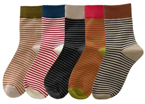 MOAZIFI 5 paia di calze da donna 36-42, calze morbide, calze morbide da donna 36-42, calze a righe colorate per sport e tempo libero, calze da ginnastica da donna in cotone per tennis e lavoro