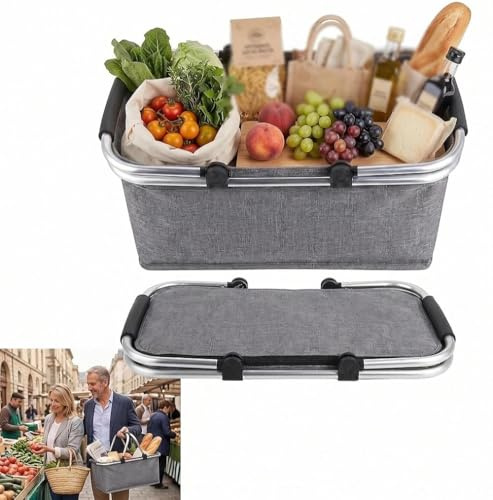 Hopfällbar shoppingkorg, shoppingkorg med kylfunktion, termo som picknickkorg, bärkorg, för picknick, resor, shopping (grå)
