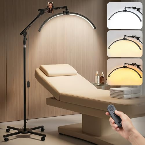 Halbmond Stehlampe für Wimpern & Kosmetik – 145-205cm, 360° Rollen, drehbarer Kopf, dimmbar 4000LM/10 Stufen/3 Farbtemp., Fernbedienung, Handyhalter – für Tattoo, Nagelstudio, Wimpernverlängerung