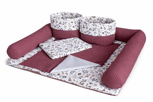 Wickelauflage Set 6-teilig – Wickelunterlage aus Baumwolle & Waffelstoff – Baby Wickelauflage – Geschenk zur Babyparty – Wickeltischauflage – 85x75 cm (Breite x Tiefe), Zweige und Beerenfarbe