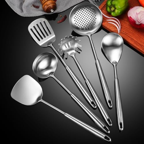 Juego de Utensilios de Cocina de 6 Piezas,304 Acero Inoxidable,espátula y cucharón, cuchara de skimmer,espátula ranurada,cuchara de espagueti y cuchara de arroz,Apto Para Lavavajillas