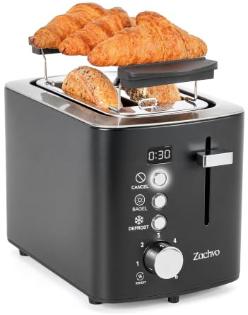 ZACHVO Edelstahl Toaster 2 Scheiben mit Digital Countdown und Bagelfunktion | Mit Brötchenaufsatz, 6 Bräunungsstufen, Auftauen, Aufwärmen, Krümelschublade und Toastschlitzen 130 × 35 × 123 mm