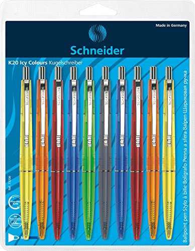 Schneider 73206 K20 Icy Colours Druckkugelschreiber (dokumentenechte Mine - Strichstärke M) 10er,Blister sortiert, Schreibfarbe: Schreibfarbe: blau