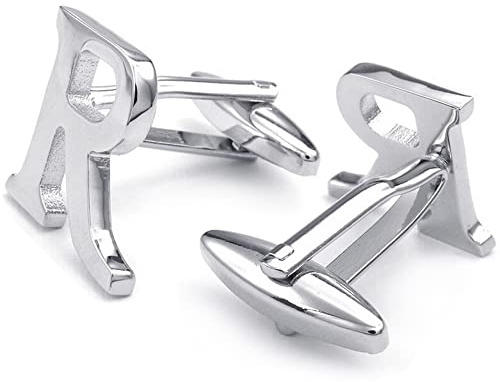 HONEY BEAR Mens Initial Alphabet Letter Silver White Steel Wedding Formal Business Cufflinks (R)