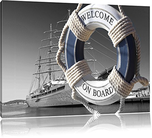 Pixxprint Rettungsring im Hafen B&W, Größe: 100x70cm, Leinwandbild, fertig gespannt, Wandbild, Dekoration, Kunstdruck, kein Poster