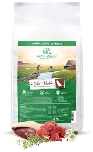 MÜLLER'S NATURHOF – Ente | Natürlich kaltgepresstes Trockenfutter mit Gartengemüse und Wiesenkräutern für ausgewachsene Hunde. Getreidefreies Alleinfutter ohne Zusatzstoffe im Beutel | 2x15kg Ente