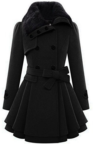 Zeagoo Women's Fashion Faux Fur Lapel Double-breasted Thick Wool Trench Coat Jacket, Black ,Large