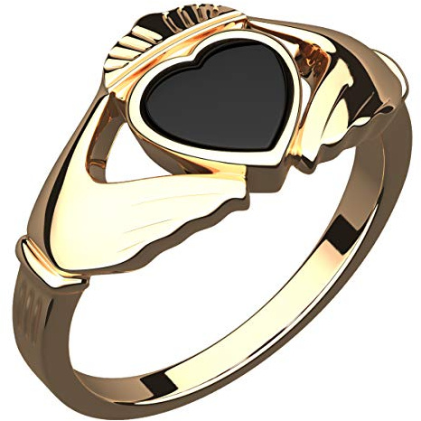 GWG Jewellery 18K vergoldeter Sterlingsilber Claddagh Ring Ungewöhnliches schwarzes Emaille Herz – 6 in Geschenkbox für Frauen