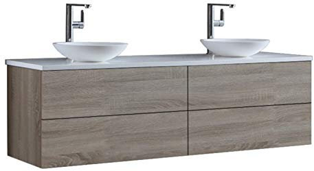 StoneArt Badmöbel Set mit Mineralguss Waschbecken Waschschale Aufsatzwaschbecken und Unterschrank Waschtisch Einzel- oder Doppelwaschbecken Brugge BU-1601pro-4 Eiche hell 160cm