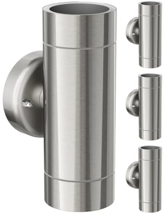 ledscom.de 4x Wandleuchte WEDO für außen, chrom matt, Edelstahl, IP44, zweiflammig, Up & Downlight, inkl. 2 GU10 LED, je 630lm warmweiß