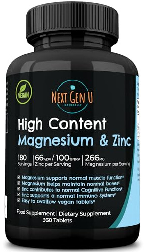 Magnesium & Zinc - Dietary Food Supplement - 360 Vegan Tablets, 266 mg Magnesium Oxide and 10 mg Zinc Gluconate Complex Blend - May Support Bone, Cognitive & Immune Health - by NextGenU