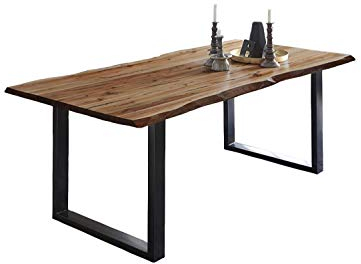 SAM Esstisch 140 x 80 cm Mephisto, Baumkantentisch naturfarben, echte Baumkante, Akazienholz massiv + lackiert, U-Gestell aus Metall schwarz, Esszimmertisch im Industrial-Stil