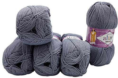 Alize 5 x 100g Strickwolle Cotton Gold mit 55% Baumwolle, 500 Gramm Wolle einfarbig (grau 87)