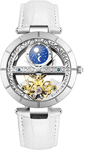 RORIOS Damen-Armbanduhr, mechanisch, automatisch, Armband aus echtem Leder, automatische Uhrenbeweger, Weiß B, Klassisch, Vintage und Kleid