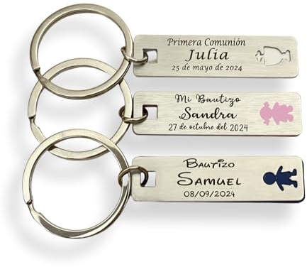 regalo grabado Llaveros Personalizados Silueta Cáliz Comunión Bautizo | grabado láser en 2 caras hasta 3 líneas, medidas 5 x 1,5 cm, estuche caja flocada, varios packs para comuniones y eventos