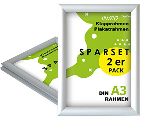 INMO Alu-Klapprahmen DIN A3 2 Stück mit Aluminium Profil ohne Glas - Klappbarer Bilderrahmen Silber - Fotorahmen für Bilder, Poster, Plakate - 32,60 x 45,10 cm Urkundenrahmen