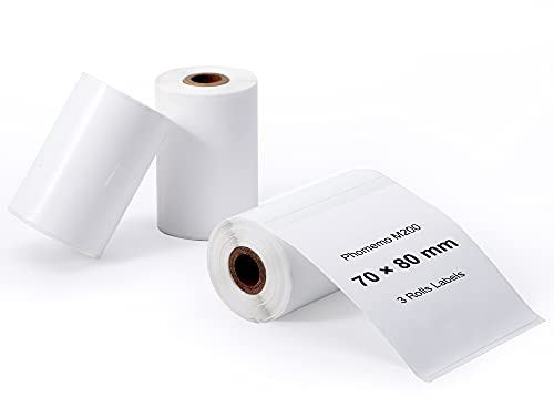 Phomemo 3 Rollen Etiketten Selbstklebende für M220/M220, 70x80mm, 270 PCS | Phomemo Selbstklebende Thermodirekt Etiketten für M110/M220/M108/M250/M221/M120, für Schule, Heim, Büro, Einzelhandel, Weiß