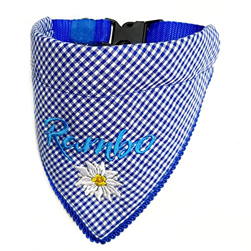 Hundehalstuch mit Halsband Trachten Jäger Bayern Style optional mit Wunsch Namen bestickt Karo Blau Halstuch Tuch