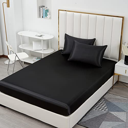 Michorinee Satin Spannbettlaken 90x200cm Schwarz 2er Pack Glatt Seide Glanzsatin Bettlaken Boxspringbett Topper Microfaser Spannbetttuch für Matratze bis 25 cm