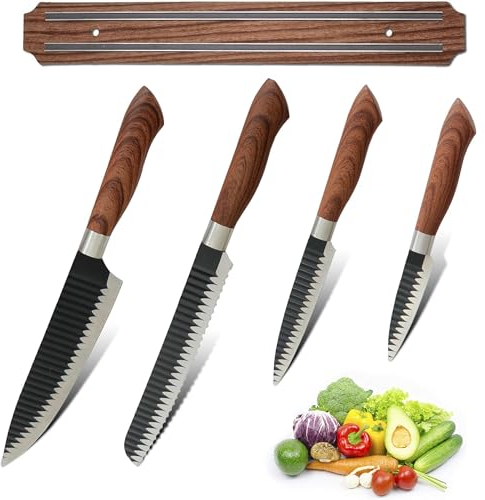 Fishtec - Set 4 Couteaux de Cuisine INOX : Couteau à Pain, Légumes, d'Office Manche en Bois Ergonomique Lames Antiadhésives + Support Magnétique 32 cm Coffret Cadeau Offrir