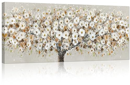 FajerminArt Large Canvas Wall Art White Floral Blossom Cherry Tree Abstract Pictures Painting on Canvas Print Poster for Living Room Bedroom Ready To Hang 20 x 48/ 120cm x 50cm