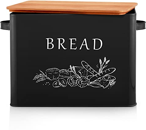 Joyfair Bread Bin, Metal Bread Box with Bamboo Cutting Board Lid, Extra Large Loaf Holder for Kitchen Countertop, Vintage Storage Container fit 2 Loaves, Space Saving & Farmhouse Style, Black