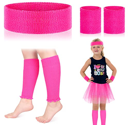 Sintege 80s Leg Warmer for Kid Girl Neon Leg Warmer Headband Wristband 1980s Fancy Accessory for Cosplay Party(Pink, Rose Red)