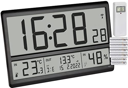 TFA Dostmann Reloj de pared digital XL 60.4523.01, con temperatura exterior y clima interior, radio, indicador de 24 horas, fecha completa, color negro con pilas