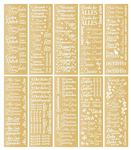 Ideen mit Herz Premium-Transfers | Rub on Sticker | Rubbel-Sticker | 10 cm x 30 cm | 10 Bogen | inkl. Tuch (Wünsche rund ums Jahr, gold)