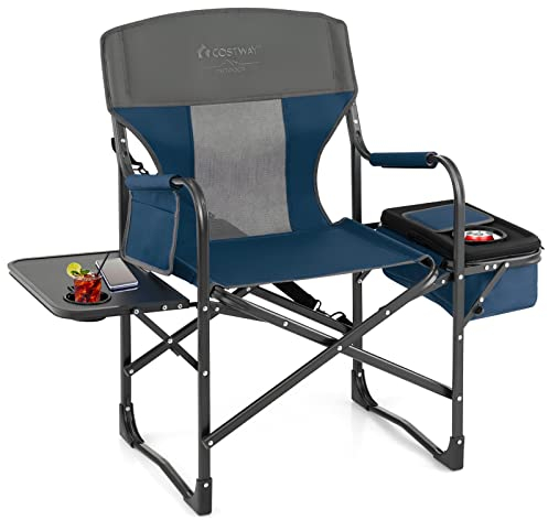 COSTWAY Campingstuhl mit Seitentisch, Kühltasche & Aufbewahrungstasche, klappbarer Angelstuhl, 180 kg Tragfähigkeit, Regiestuhl tragbar, Faltstuhl Klappstuhl für Camping, Angeln, Picknick (Blau)