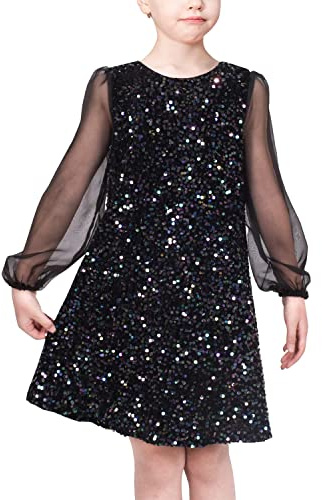 Vestido para niña Negro Lentejuela Escarpado Malla Manga Larga Fiesta Elegante Vestido de Fiesta 8 años
