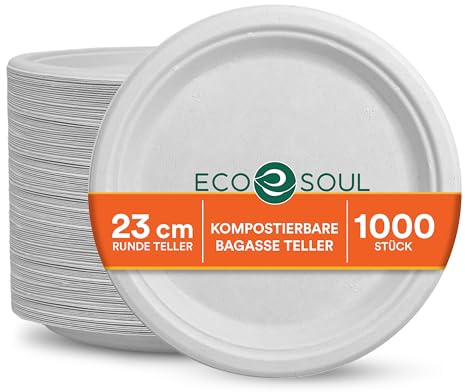 ECO SOUL weiße 23 cm (9 Zoll) runde Bagasse-Papierteller (1000 Stück), Einweggeschirr, 100% kompostierbar, umweltfreundliches Partygeschirr, langlebiges Campinggeschirr, mikrowellen- und ofenfest