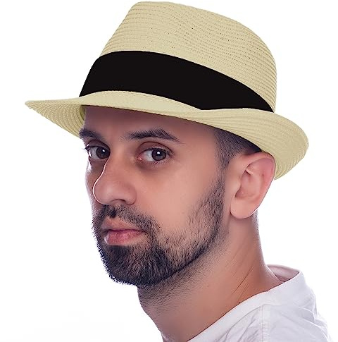 HEYANN Strohhut,Fedora Damen Panamahut Herren Strohhut im Trilby Fedora für Herren, Damen und Kinder Panamahut mit Stoffband Gentlemen Roll Up Sommerhut (Beige-M)