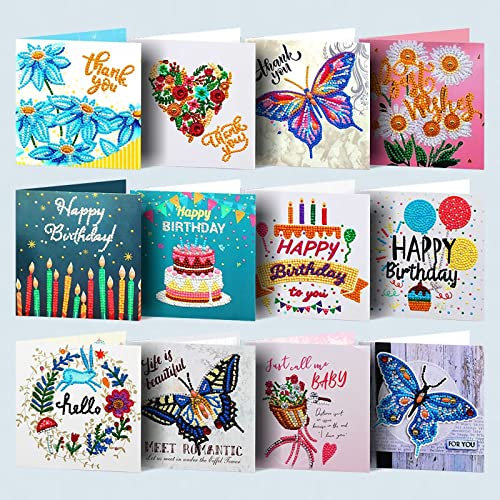DIY Geburtstagskarten 12 Pack 5D Special Shaped Diamond Painting Grußkarten mit Umschlägen für Muttertag Dankeskarten Schmetterling Gänseblümchen Blumen Fahrrad Diamant Malerei Karte Geschenk für