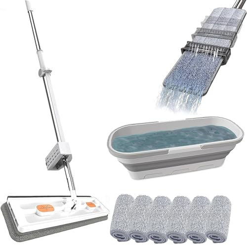 Mopa plana grande, 360 ° giratoria con cubo y función de escurridor, mopa para madera dura, laminado, azulejos (B+D)