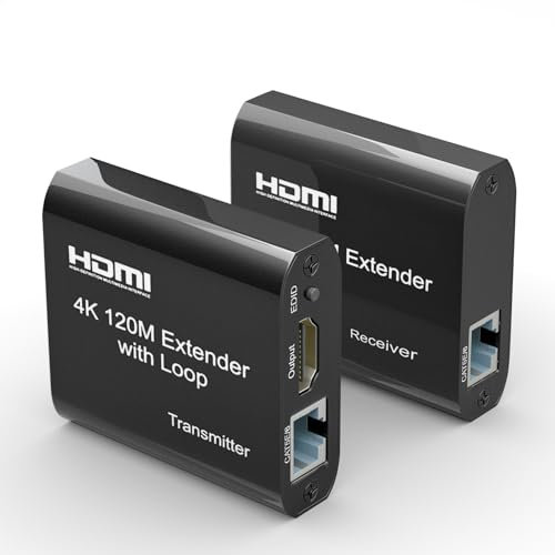 LUKFOCAB Rallonge HDMI 120 m, 4K @ 60 Hz UHD HDMI Ethernet sur câble Cat5e/6/7, adaptateur HDMI vers Ethernet avec audio et boucle, prend en charge l'émetteur et le récepteur HDCP 1.2 HDMI 1.3 EDID