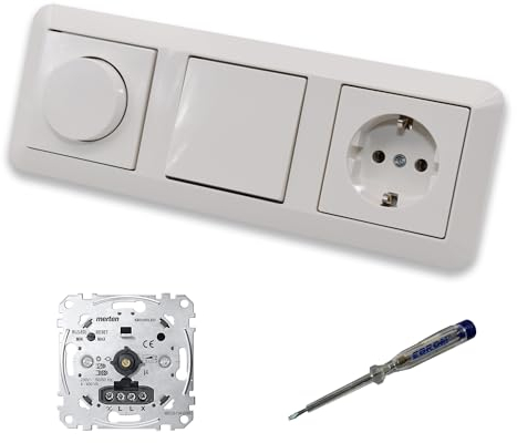 EBROM SET IDEE: Merten MEG5134-0000 LED Drehdimmer Dimmer + MEG5250-0319 + Kreuzschalter MEG3117-0000 + Steckdose Kinderschutz MEG2300 polarweiß glänzend System M + EBROM Phasenprüfer z.Gerätemontage