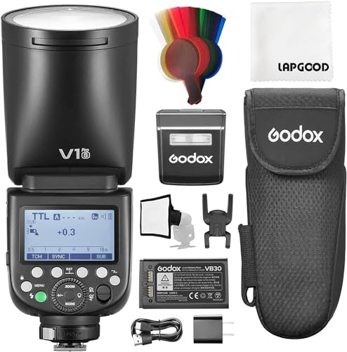 Godox V1PRO-S V1Pro S Rundkopf Kamerablitz TTL Blitz für Sony,Speedlite 76Ws 2.4G HSS 1/8000s 2980mAh Li-Ion Batterie mit Externer Blitz SU-1,LED-Modellierlampe Godox Flash für Sony-Kameras