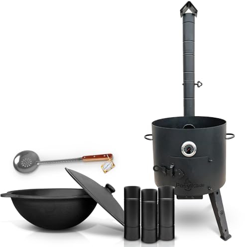 Hierro fundido Kazan 16 L Kazan Казан con horno de fuego Utschak Ø 44 cm redondo suelo termómetro tubo de extensión de tubo de espuma para Plov 48 cm Учак Учаг Uchag Asia (Set 2)