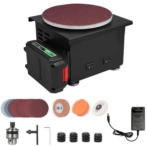 Mini levigatrice a disco HUIOP Levigatrice e lucidatrice elettrica da banco con batteria al litio 6000WA, mini levigatrice a disco Smerigliatrice a disco da 6 pollici con carta vetrata a 10 dischi ada
