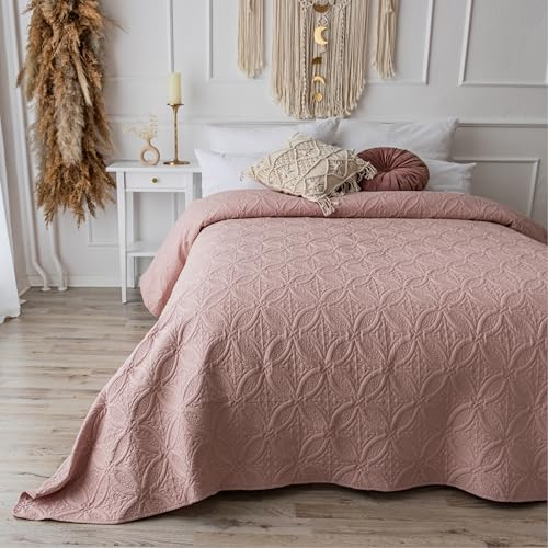 CalmyHOME Tagesdecke Bett Bettüberwurf Überwurf Ornamente 220x240cm Sofaüberwurf Steppdecke Sofa Decke Überwurfdecke Tages Decken Betthusse XXL Überdecke Gesteppte Tagesdecken (Altrosa)