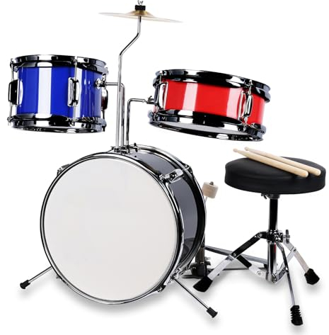 Lexington Kinderschlagzeug 3 PC, Schlagzeug Set für Kinde mit Snare, Tom, Bass Drum, Bass Drum Pedal, Thron, Becken, Drumsticks, Schwarz, Blau, Rot