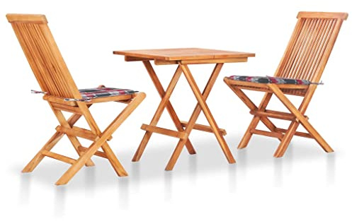 KTHLBRH Terassenmöbel Außen Garten möbel Outdoor lounge3-tlg. Bistro-Set mit Kissen Rot Karomuster Massivholz Teak